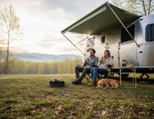 couple sitting under an RV awning in the morning